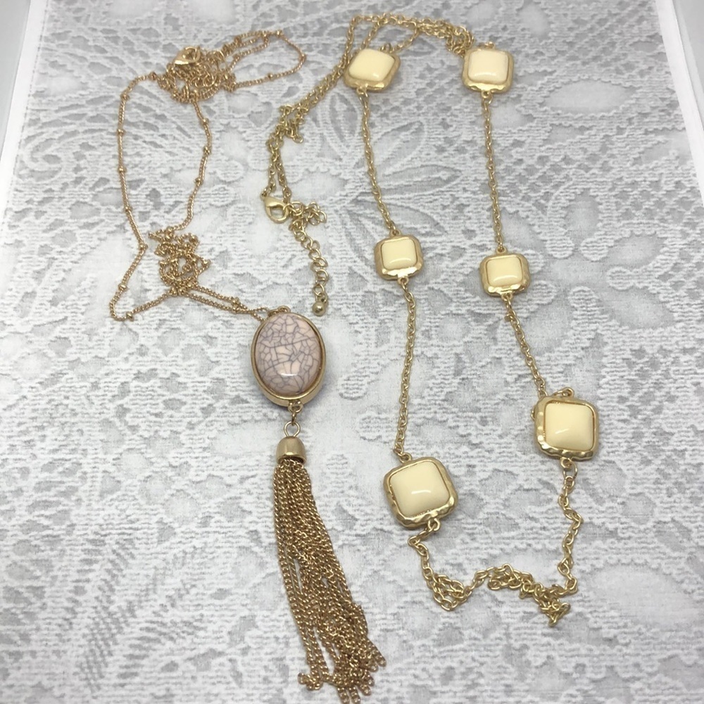 Bundle lot 2 gold tone long faux gemstones chain necklaces trendy layered look